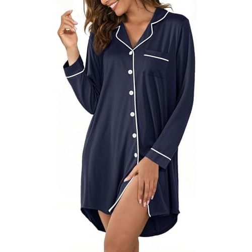 Women's Nightgown Short Sleeve Pajama Dress Soft Button Down Sleep Shirts Comfy Boyfriend Nightdress S-XXL