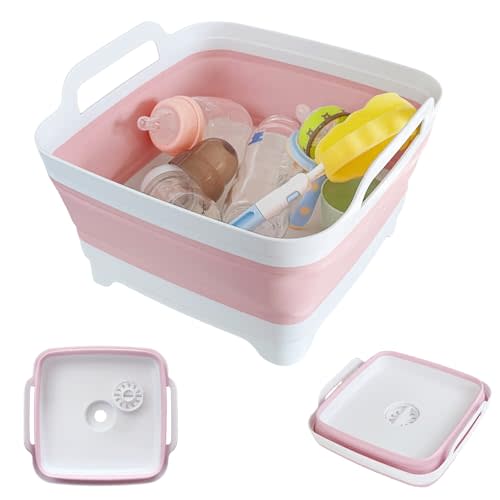 GIMWA Collapsible Wash Basin for Baby Bottles - 2.4 Gallons Portable Wash Bin for RV Camping Sink, Space-Saving Dish Tub (Green) (Pink)
