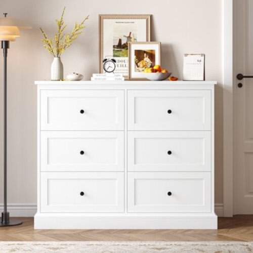 Homfa 6 Drawer Double Dresser White, Wood Storage Cabinet for Living Room, Chest of Drawers for Bedroom