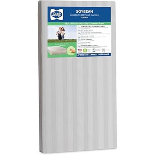 Sealy Baby Soybean 2 Stage Crib Mattress plus Toddler Bed Fit, Premium Hypoallergenic Lightweight Foam, Non Toxic, GREENGUARD Gold Certified, Safety & Quality Tested, Made in USA, 52X28"