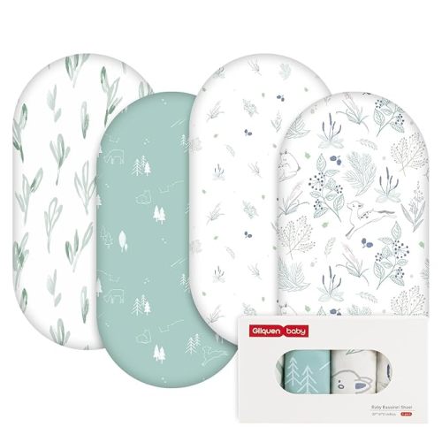 Gllquen Baby Bassinet Sheets 4 Pack, Breathable Cozy Fitted Mattress Sheet, Elastic Travel Crib Fashionable Pattern, Standard Cradle Safe Sheets for Baby Boys Girls 32"x16"(Forest Deer) | 4 Pack, Breathable, Cozy, Fitted Mattress Sheet, Elastic, Travel Cr