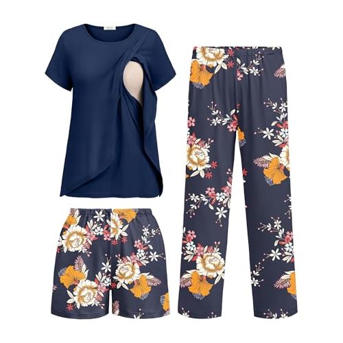 Ekouaer 3 PCS Maternity Nursing Pajamas Set Postpartum Breastfeeding Short Sleeve Shirts, Pregnancy Shorts & Pants Pjs S-XXL