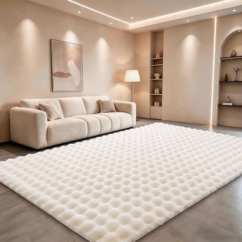 Creamy White Rabbit Plush Rug 8'x10', Fluffy Faux Fur Shaggy Area Rug for Nursery, Kids Room Decor, Soft Fuzzy Carpet for Living Room, Bedroom, Teen Girls Room