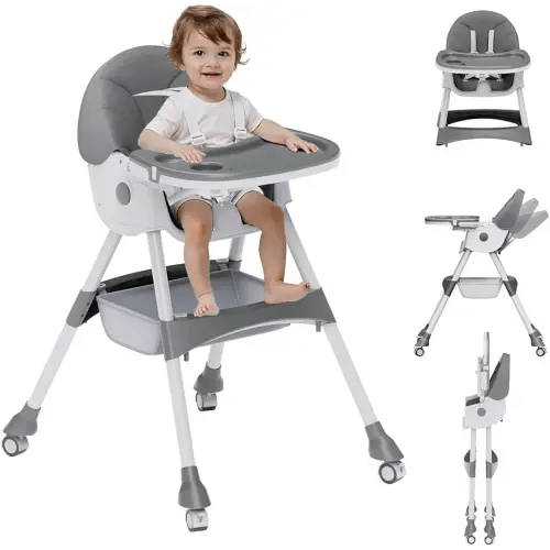 High Chairs for Babies and Toddlers, 4 in 1 Convertible Baby High Chair, Portable High Chair for Travel with Adjustable Height and Back, Foldable HighChair with Wheels& Pu Cushion (Grey)