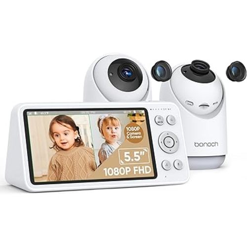 bonoch Baby Monitor with 2 Cameras - 1800ft Ultra Long Range Split Screen Dual Baby Monitor No WiFi with Camera and Audio, 7800 mAh, Auto Night Vision, 110° Wide-Angle, Recording & Playback, VOX