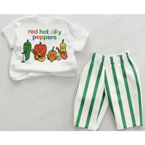 RED HOT SILLY PEPPERS Baby Green/Red Vertical Striped 2-piece Set