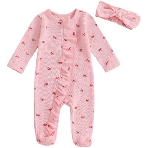 Valentines Baby Girl Outfit Bowknot Heart Footie Romper Long Sleeve Onesie Newborn Christmas Easter Clothes