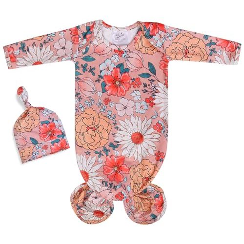 Mikccer Baby Knotted Gown Newborn 0-6 Months, Super Soft Breathable Baby Sleeper Gowns, Babies Girls Nightgowns Coming Home Outfit Infant with Hat Set