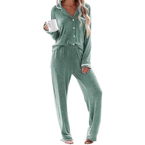 EKOUAER Women's Pajama Sets Long Sleeve Button Down 2 Piece Pjs Soft Lounge Sets Notch Collar Sleepwear