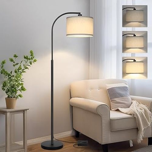 Boncoo Modern Floor Lamp for Living Room, Arc Floor Lamp with Adjustable Hanging Shade, Black Light with Pedal Switch for Bedroom Study Room, 9W 3000K LED Bulb Included