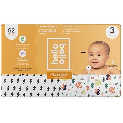 Hello Bello Diapers, Size 3 (14-24 lbs) - 92 Count of Premium Disposable Baby Diapers in Bolt Babes & Woodland Animals Designs - Hypoallergenic with Soft, Cloth-Like Feel