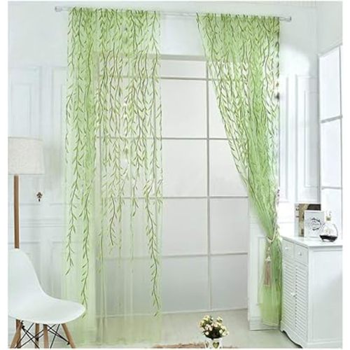 Ufurty 2 Pieces Willow Window Curtain Voile Tulle Room Salix Leaf Sheer Gauze Curtain Voile Panel Drapes Curtain Green Color for Living Room, Bedroom, Balcony