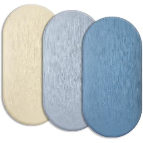 Soft Muslin Bassinet Sheets 32" x 18", Baby Bassinet Mattress Fitted Cover, Fit for Halo, Fisher Price, Delta, Graco, Oval Bassinet or Cradle, for Girl or Boy(Dusty Blue & Grey & Cream