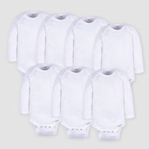 Gerber Baby 7pk Long Sleeve Bodysuit - White 0-3M: Cotton Ribbed Bodysuits, Crotch Snap Closure