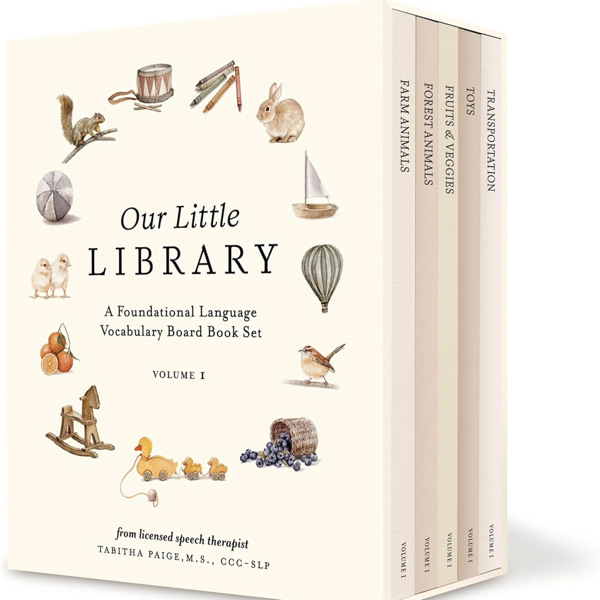 Our Little Library: A Foundational Language Vocabulary Board Book Set for Babies, Including Farm & Forest Animals, Fruits & Veggies, Toys & More (Tabitha Paige Children's Book Series)