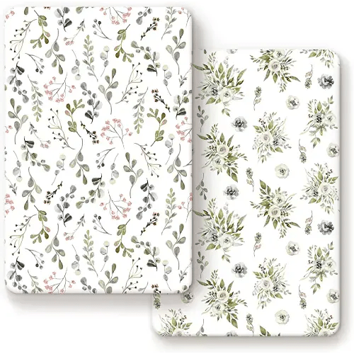GRSSDER Stretchy Ultra Soft Jersey Knit Fitted Pack n Play Sheets Set 2 Pack, Portable Pack and Play/Mini Cribs Sheets for Girls,Stylish Watercolor Rose and Flora