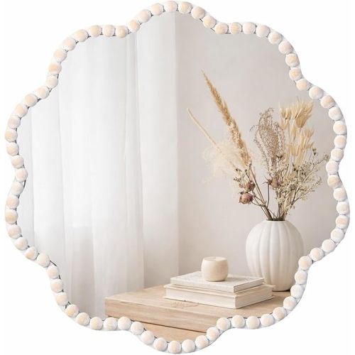 15inch Small Boho Beaded Flower Mirror for Wall Decor, Cute Decorative Hanging Wooden Circle Nursery Mirrors for Girl Room, Bedroom, Livingroom