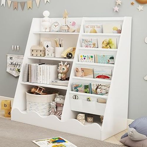 Kids Bookshelf and Toy Storage, Children's Bookcase with 5 Shelf and 4 Tier Cabinet，Wooden Montessori Book Shelf for Kids Room, Playroom, Nursery