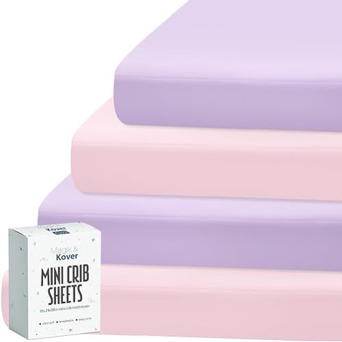 Magik & Kover Mini Crib Sheets Girl 4 Pack, Baby Crib Sheet for Mini Crib Mattress and Playard Mattress, Soft Breathable Fitted Baby Crib Sheets Set for Girls, Pink & Violet