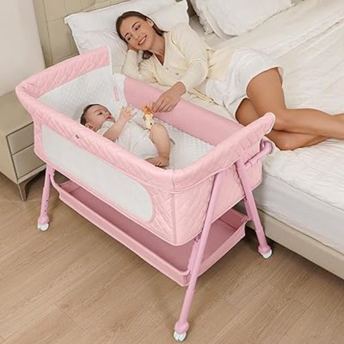 Bedside Bassinet for Baby, Easy to Assemble Portable Bassinet for Newborn with Storage Basket, Lockable Wheels & Soft Mattress, Adjustable Height Baby Bassinets Bedside Sleeper