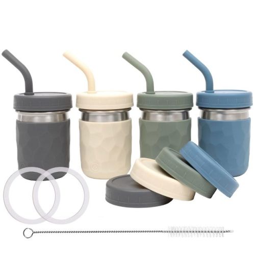 WeeSprout 2-in-1 Drinking Cups for Kids, Durable Stainless Steel Tumblers - 8 oz, Set of 4 (Matte Green, Pink, Blue and Dark Gray)