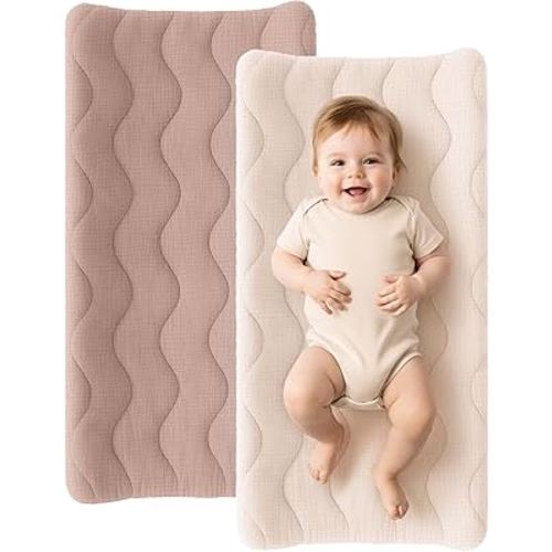 Konssy Waterproof Muslin Changing Pad Cover 2 Pack, 100% Cotton Quilted Diaper Changing Table Sheets, Soft Breathable Boho Nursery Bedding for Baby, Silent & Absorbent Standard Fit (Taupe,Cream)