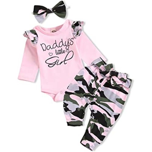 AMAWMW Baby Girl Clothes Set Daddys Little Girl Ruffle Romper Top Camouflage Pants Newborn Infant Baby Girl Outfit