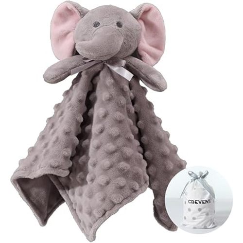 CREVENT Cozy Plush Baby Security Blanket Loveys for Baby Boys and Girls, Minky Dot Front + Sherpa Backing with Animal Face (Grey Elephant)