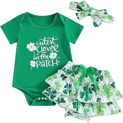 Muasaaluxi St Patricks Day Baby Girl Outfit Short Sleeve Romper Shirts Ruffle Four Leaf Clover Shorts Headband Set