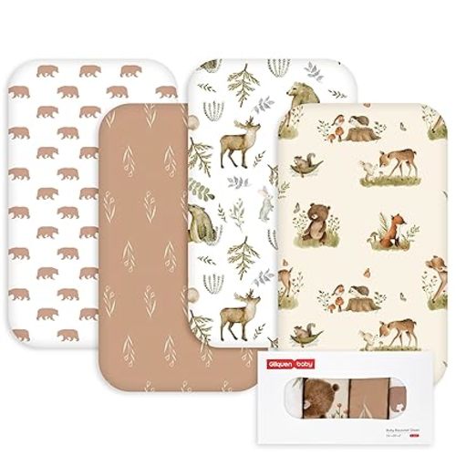 Gllquen Baby Bedside Sleeper Sheets 33x20 Inch 4 Pack - Fitted Crib Mattress Covers, Ultra Soft Oeko-TEX Certified Bassinet Sheets for Girls Boys, Gift Ready Box for Baby Shower (Bear)