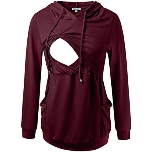 GINKANA Womens Nursing Hoodie Top Sweatshirt Long Sleeve Button Decoration Pockets Shirts Tunic Top