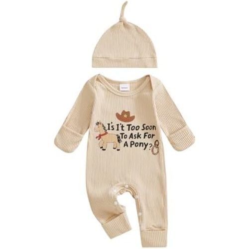 Newborn Western Baby Boy Clothes Cowboy Outfit Pony Long Sleeve Romper Rib Knit Jumpsuit Hat Fall Going Home Outfit