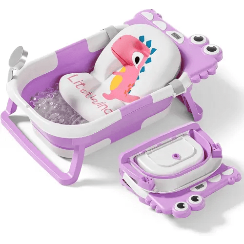 Alligator Collapsible Baby Bathtub for Newborn with Thermometer & 1 Soft Floating Cushion & Drain Hole, Foldable & Portable Travel Baby Bath Tub for Newborns to Toddlers 0-36 Months Girl, PurpleWhite
