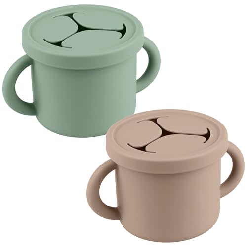 Mintlyfe Snack Containers for Toddlers, Kids - 2 Pack Food Grade Silicone Snack Cups with Grip Handle (Natural/Sage)
