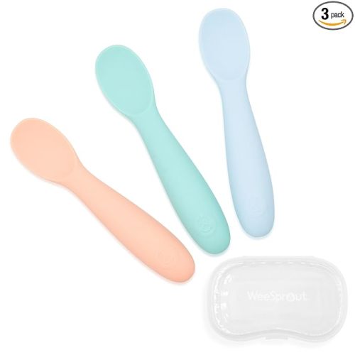 WeeSprout Baby Spoons for Self Feeding 6 Months +, Soft & Durable Silicone Utensils for Sensitive Gums & Teeth, Easy Grip Handles & Shorter Length for Little Hands, 3 Pack + Carrying Case