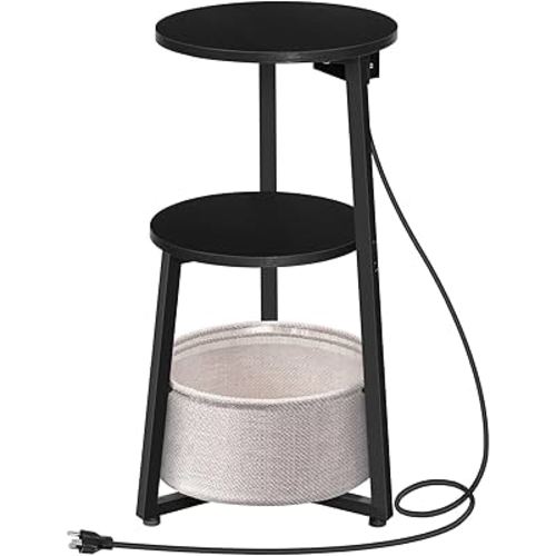 HOOBRO Small Round Side Table with Charging Station, Round End Table with Cotton Linen Storage Basket, Compact Sofa Side Table Nightstand for Small Space, Corner, Living Room, Black BB169UBZ01