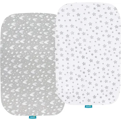 Bassinet Sheets Compatible with Baby Delight Beside Me Dreamer Bassinet, 2 Pack, 100% Jersey Knit Cotton Fitted Sheets, Breathable and Heavenly Soft, Grey and White Print for Baby