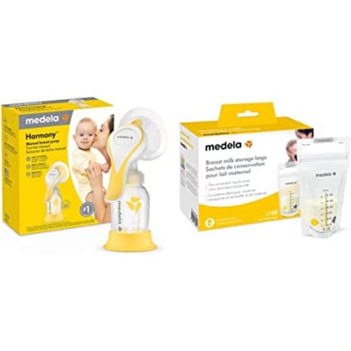 Medela New Harmony Manual Breast Pump with Flex Breast Shield and 100 Count Breast Milk Storage Bags, Compact Single Hand Breastpump, Ready to Use Breastmilk Bags for Breastfeeding