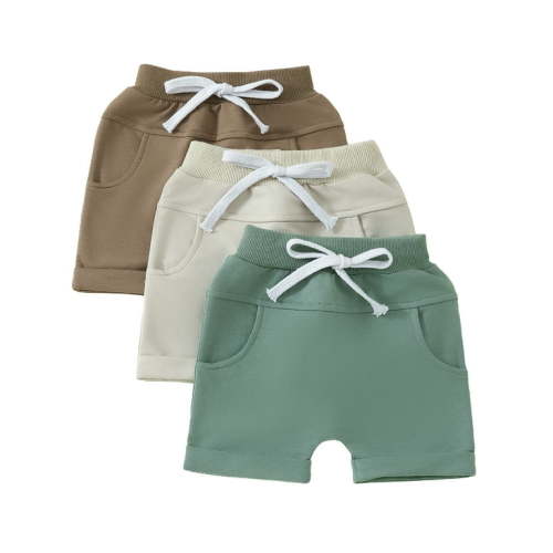 Qtinghua 3Pcs Pack Infant Toddler Baby Boy Casual Shorts Summer Elastic Waist Solid Color Short Pants Joggers Green Apricot Coffee 6-12 Months
