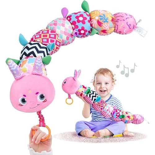Infinno Baby Musical Stuffed Sensory Toys for Girls and Boys, Infant Soft Security Toys for Newborns 0-3-6-12 Months with Crinkle and Rattles, Caterpillar, Pink