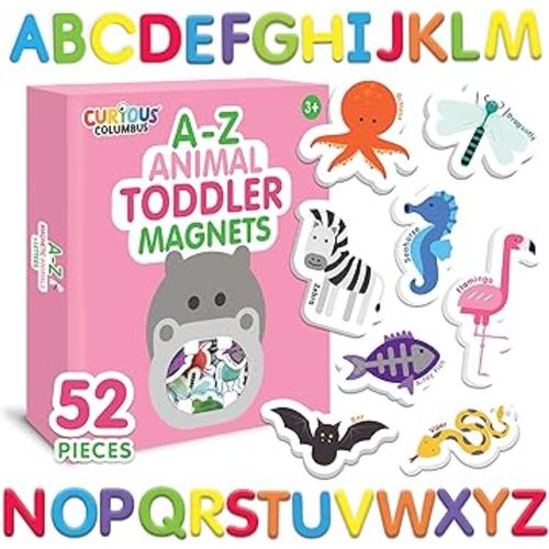 Curious Columbus Animal Magnets - 52 Toddler Magnets For Refrigerator - Fridge Magnets For Toddlers Play with Magnetic Letters - ABC Kid Magnet for Alphabet Learning - Kids Foam Animals A-Z Activities