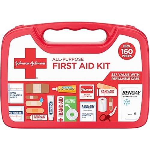 Johnson & Johnson All-Purpose Portable Compact First Aid Kit for Minor Cuts, Scrapes, Sprains & Burns, Ideal for Home, Car, Travel, Camping and Outdoor Emergencies, 160 Pieces