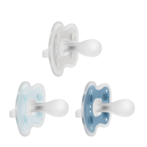 Dr. Brown's Advantage One-Piece Silicone Baby Pacifier, Fully Symmetrical Soother, Blue/Light Blue/Gray, 0-6m, BPA Free, 3 Pack