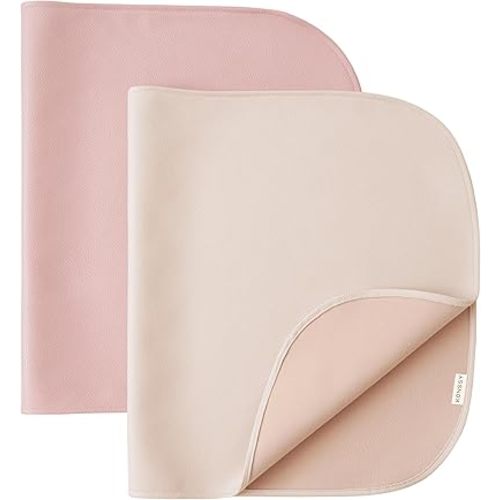 Konssy 2 Pack Faux Leather Baby Changing Mat 30"x17", Foldable and Wipeable Portable Changing Pad, Waterproof and Soft for Travel or Home Use (Blush,Beige)