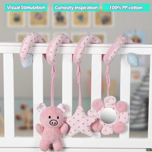 vocheer Car Seat Toys for Babies 0-6 Months Hanging Rattle Bouncer Toys for Crib Mobile, Infant Spiral Plush Stroller Toys,Girls Pink Pig