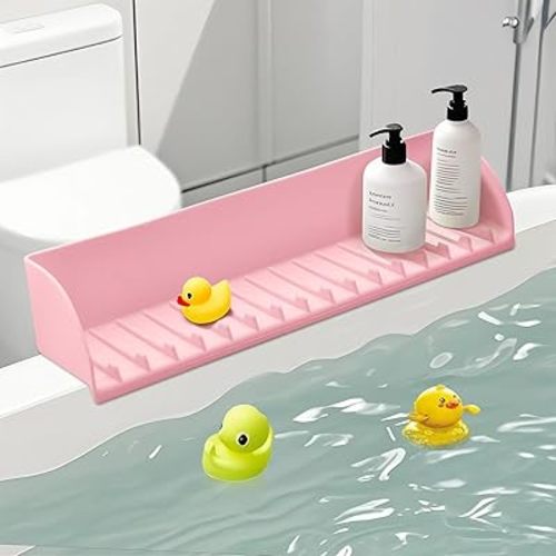 Bathtub Splash Guard - Silicone Bath Splash Guard Shelf - Bath Toy Storage for Kids - Silicone Splash Guard with 4 Suction Cups, No Mess Water Spill in Bathroom
