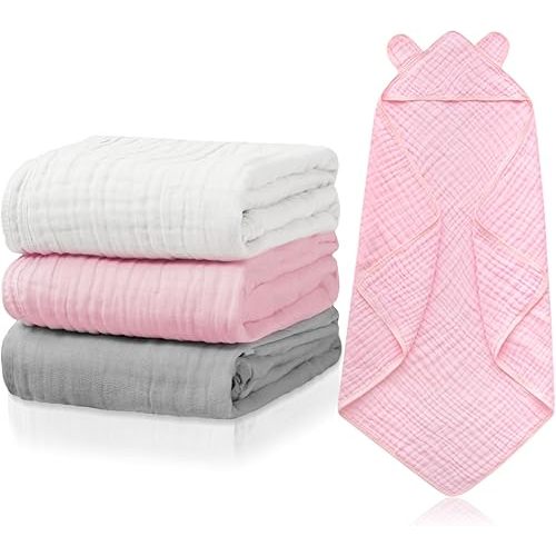 Preboun 3 Pcs Muslin Baby Hooded Towels Cotton Absorbent 6 Layers Cute Bath Toddler Towels for Newborn Kids Girl Infant Boys Toddler Shower Gift Supplies (Grey,Pink,White)