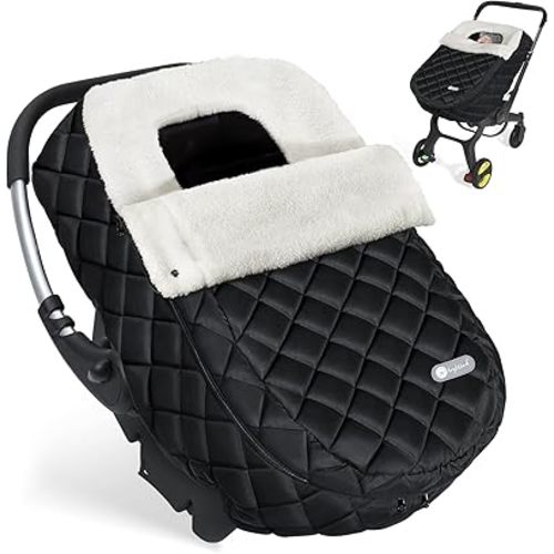 Winter Baby Car Seat Cover, Warm Carseat Canopy Cover with Removable Zipper for Baby Boys & Girls, Waterproof Carseat Bunting Bag, Keeps Babies Warm and Cozy in Cold Weather, Black