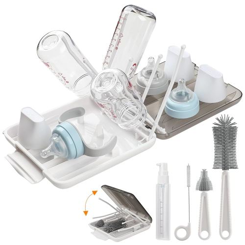 6 in 1 Bottle Cleaning Brush Set with Silicone Bottle Brush, Nipple Brush, Straw Brush, Soap Dispenser, Drying Rack for Baby Bottle and Water Bottle, Space Saving Baby Essentials for Home and Travel