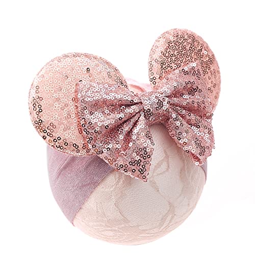 JIAHANG Baby Girl Mouse Ears Turban Headwrap with Gold Sequin Bows, Wide Velvet Hairband for Newborn, Toddler, and Kids - Party Supplies